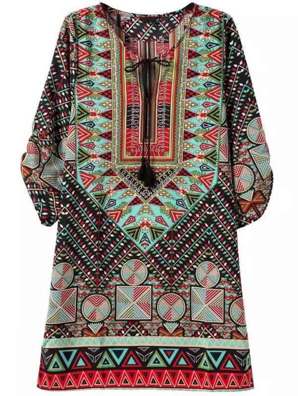 Romwe V Neck Geometric Print Lace Up Shift Dress