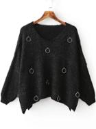 Romwe Black Ring Embellished V Neck Slit Drop Shoulder Sweater