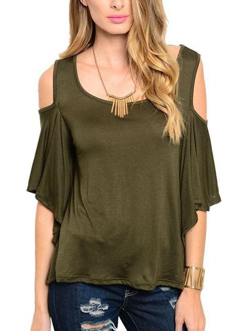 Romwe Open Shoulder Cutout Back Top - Olive Green
