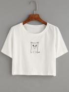 Romwe White Cat Print Crop T-shirt