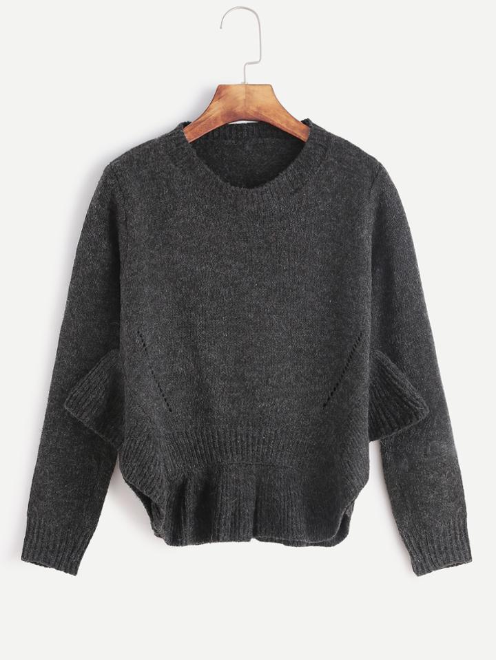 Romwe Dark Grey Ruffle Hem Eyelet Sweater