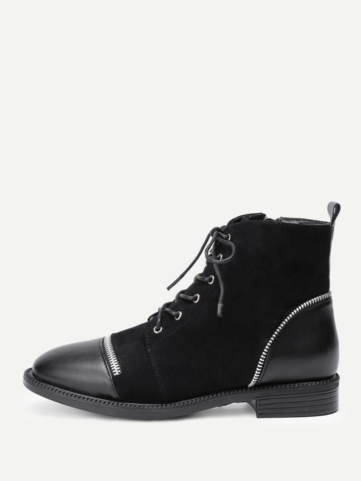 Romwe Side Zipper Lace Up Flat Ankle Boots