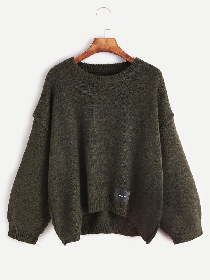 Romwe Dark Green Dropped Shoulder Seam Dip Hem Sweater