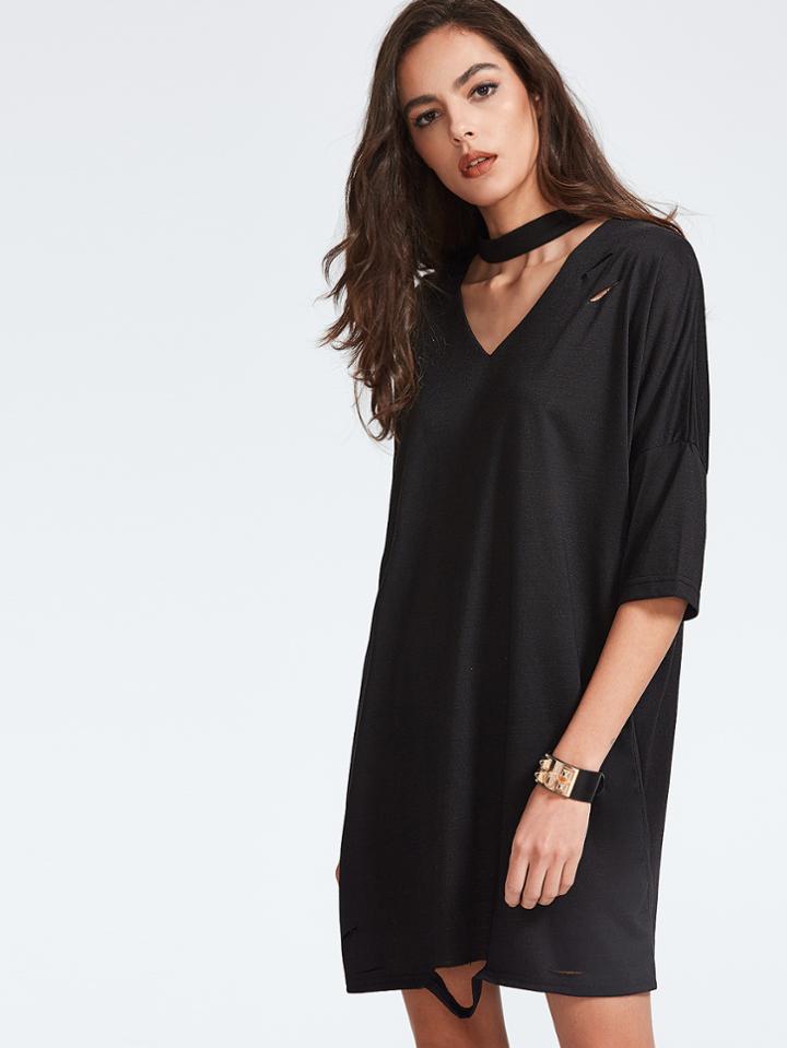 Romwe Black Choker Neck Ripped Drop Shoulder T-shirt Dress