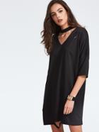Romwe Black Choker Neck Ripped Drop Shoulder T-shirt Dress