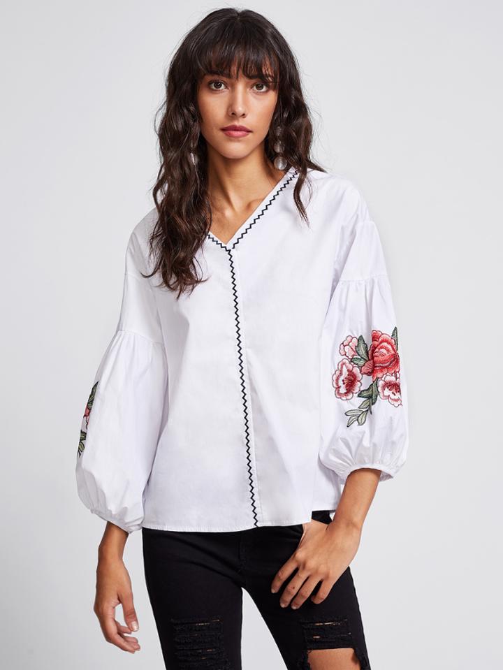 Romwe Flower Patch Lantern Sleeve Zig Zag Embroidered Blouse