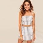 Romwe Crop Striped Cami Top & Buttoned Wrap Skirt Set