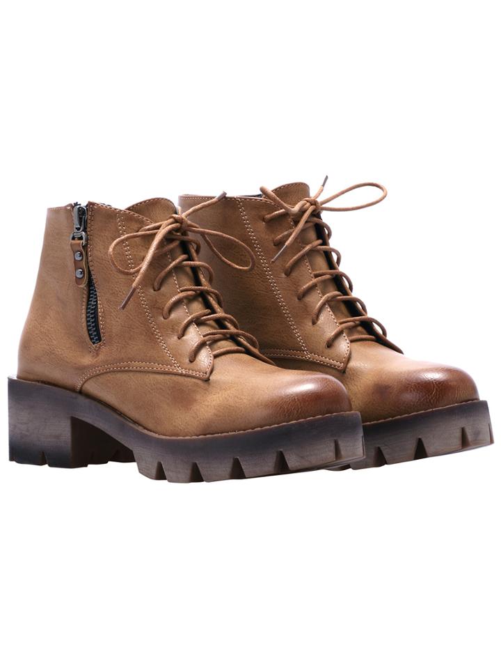 Romwe Brown Zipper Lace Up Pu Boots