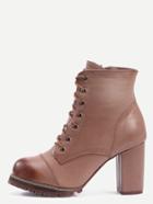 Romwe Brown Brush Round Toe Lace Up Chunky Heel Boots