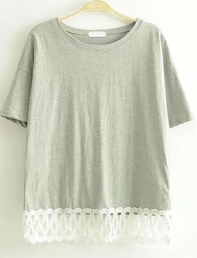 Romwe Contrast Lace Hem Hollow Grey T-shirt