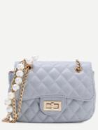 Romwe Grey Pearl Embellished Quilted Flap Chain Bag