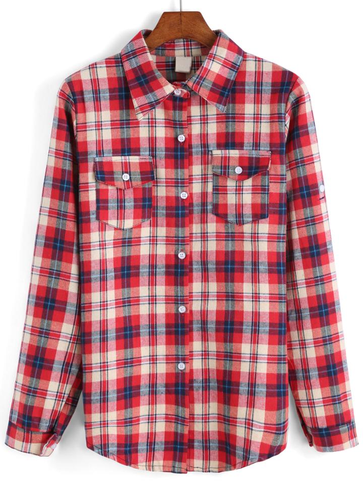 Romwe Lapel Plaid Pockets Red Blouse