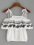 Romwe White Tied Cold Shoulder Embroidered Top