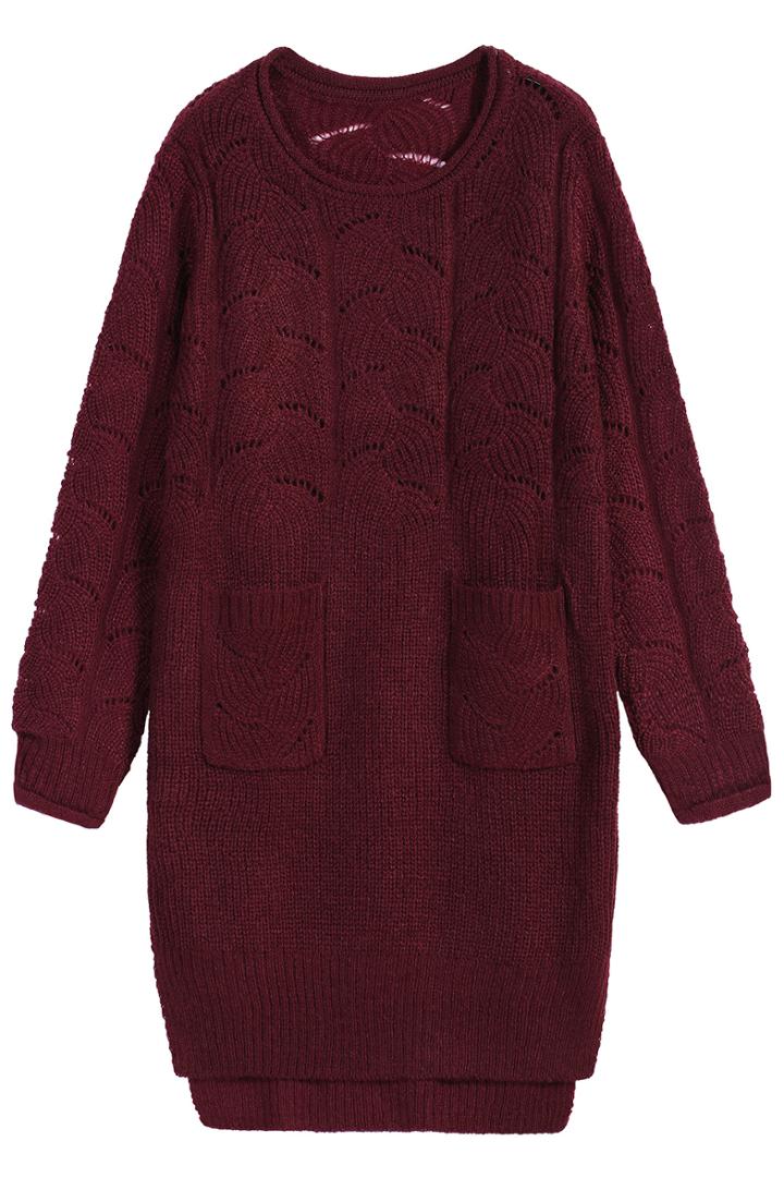 Romwe Hollow Pockets Dipped Hem Knit Red Sweater