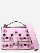 Romwe Pink Flowers And Rivet Embellished Satchel Bag