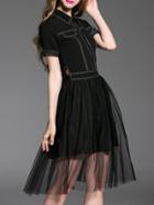 Romwe Black Lapel Gauze A-line Dress