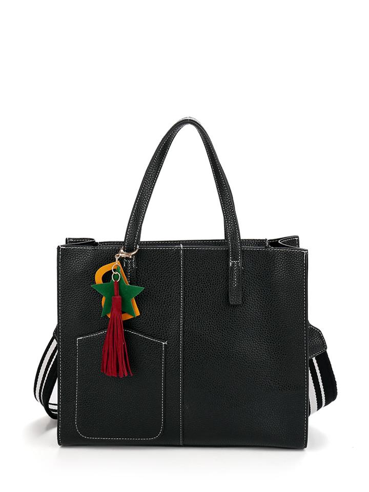 Romwe Contrast Stitch Tassel Charm Wide Strap Pu Bag