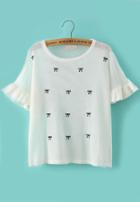 Romwe Butterfly Sleeve Bow Embroidered White Sweater