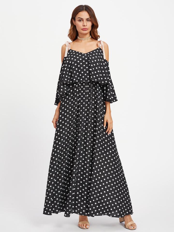 Romwe Ribbon Tie Shoulder Double Layer Polka Dot Dress
