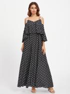 Romwe Ribbon Tie Shoulder Double Layer Polka Dot Dress