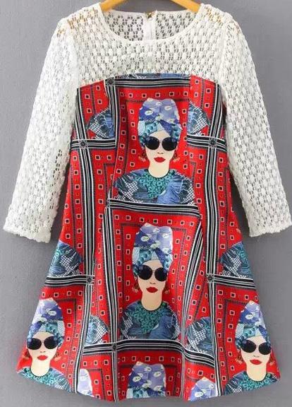 Romwe Red Contrast Hollow Beauty Print Dress