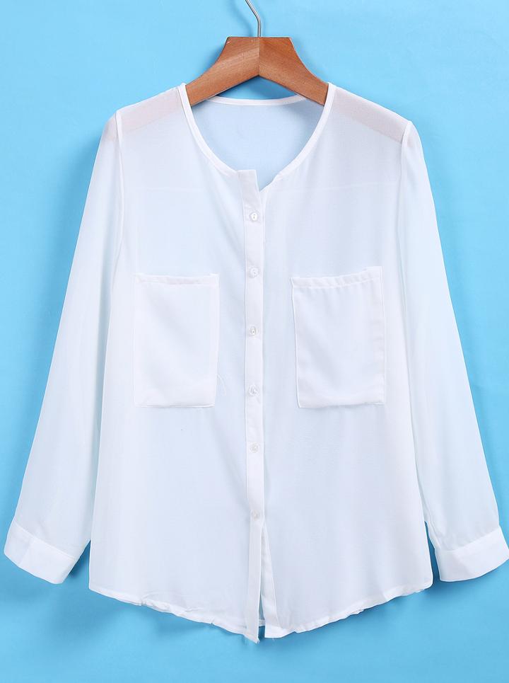 Romwe With Pockets Chiffon White Blouse