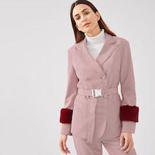 Romwe Faux Fur Embellished Houndstooth Blazer