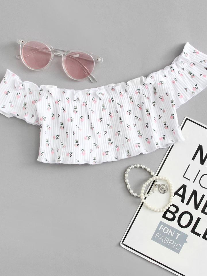 Romwe Calico Print Bardot Crop Tee