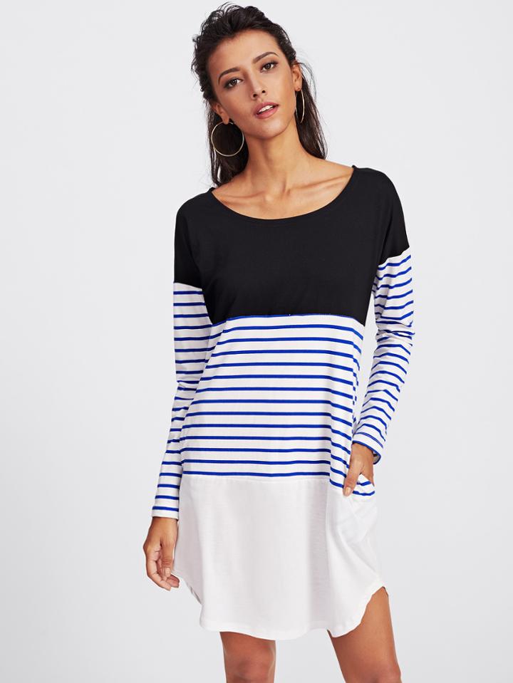 Romwe Cut And Sew Striped Panel Curved Hem Dress