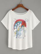 Romwe White Unicorn Print T-shirt