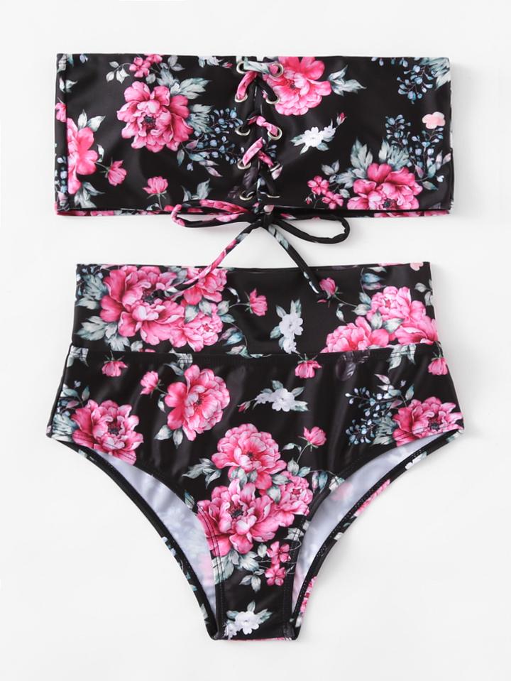 Romwe Calico Print High Waist Bandeau Bikini Set