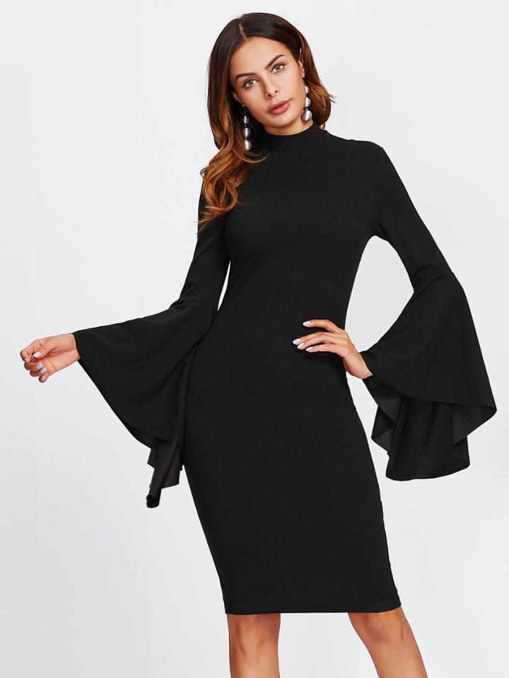 Romwe Mock Neck Exaggerate Bell Sleeve Dress