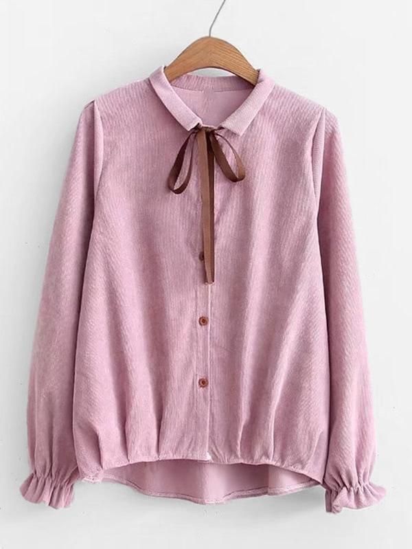 Romwe Tie Neck Corduroy Blouse