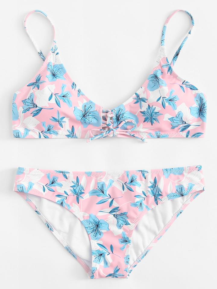 Romwe Lace Up Front Floral Bikini Set