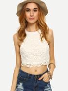 Romwe Halter Neck Lace Overlay Lace-up Crop Top - White