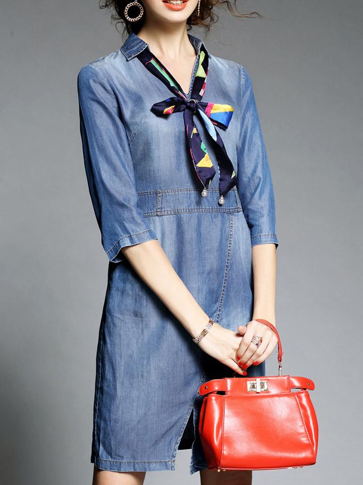 Romwe Blue Tie Neck Denim Pockets Shift Dress
