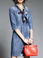 Romwe Blue Tie Neck Denim Pockets Shift Dress