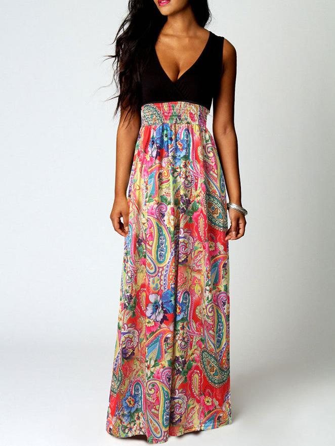 Romwe Deep V Neck Paisley Print Maxi Dress