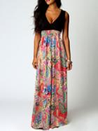 Romwe Deep V Neck Paisley Print Maxi Dress