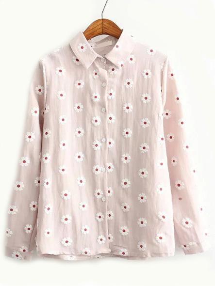 Romwe Flower Print Pale Purple Blouse