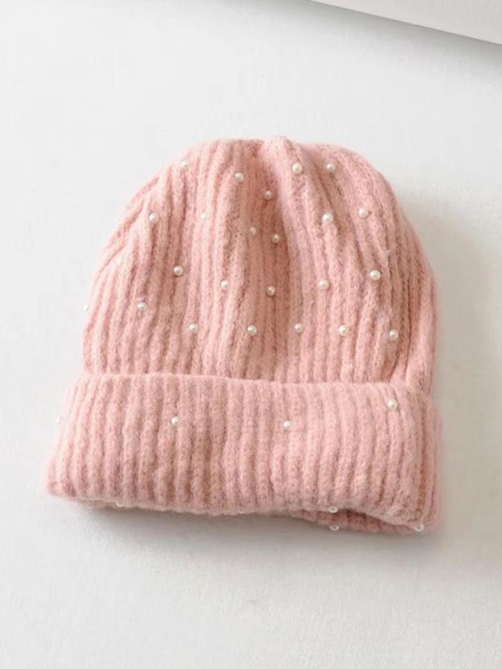 Romwe Faux Pearl Rib Beanie
