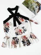 Romwe Contrast Bow Front Floral Peplum Halter Top