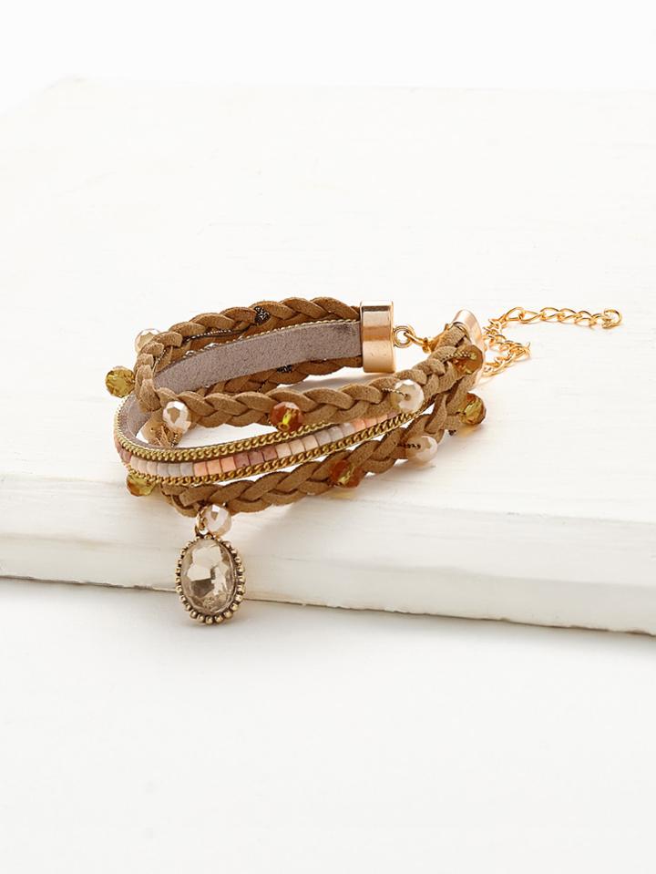 Romwe Crystal Detail Woven Layered Bracelet