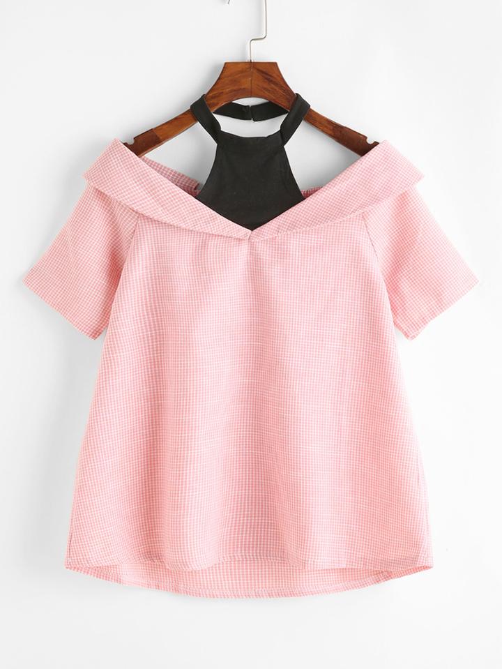 Romwe Pink Plaid Print 2 In 1 Cold Shoulder Dip Hem Blouse
