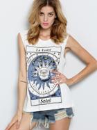 Romwe White Sleeveless La Lune Print Tank Top