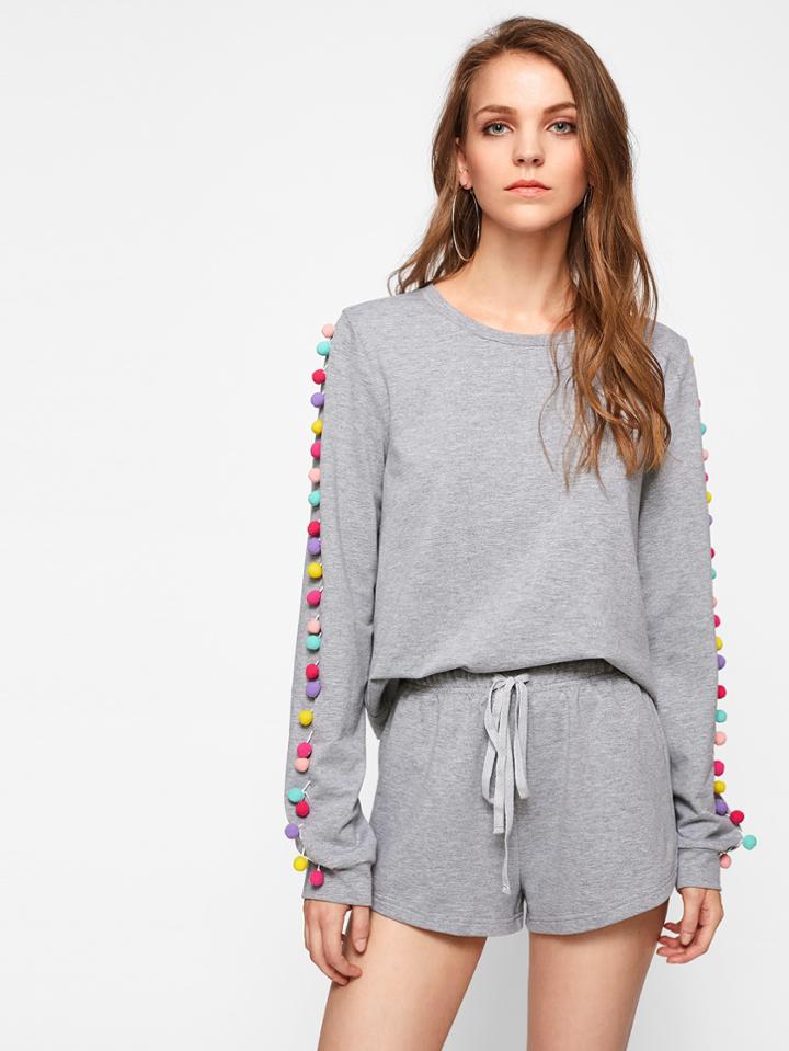 Romwe Colorful Pom Pom Sleeve Heathered Sweatshirt And Shorts Set