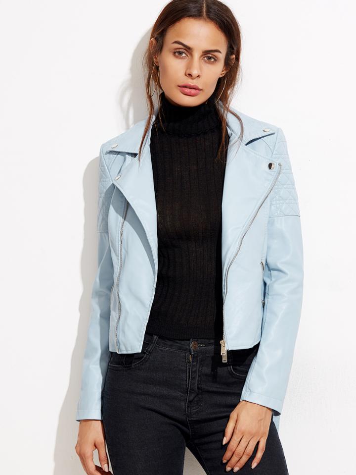 Romwe Blue Oblique Zipper Quilted Shoulder Pu Jacket With Belt