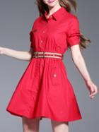Romwe Red Lapel Belted Pockets A-line Dress