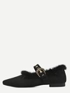 Romwe Black Point Toe Fur Trim Mary Jane Suede Shoes