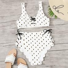 Romwe Dot Print Scalloped Trim Tie Side Bikini